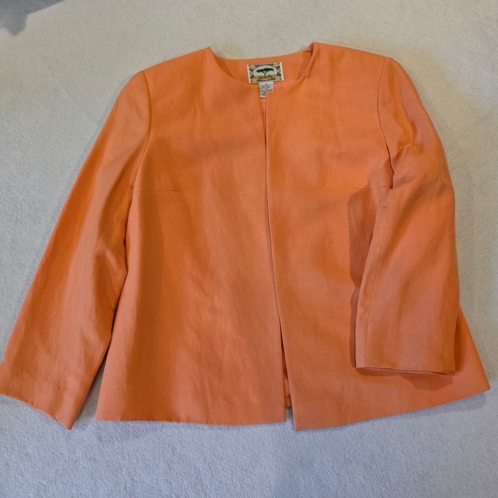 Acacia Women Peach Silk Linen Blend Open Front Collarless Blazer Jacket Size 10